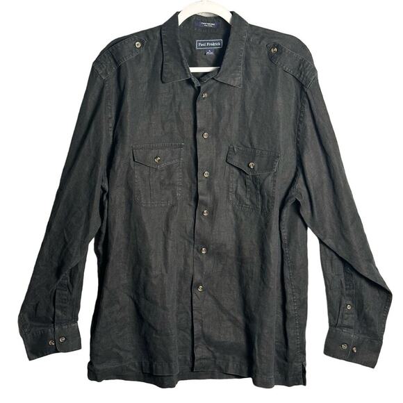 Paul Frederick | XL 100% Linen Button Up Shirt Black Roll Tab Sleeve sustainable - Picture 1 of 6
